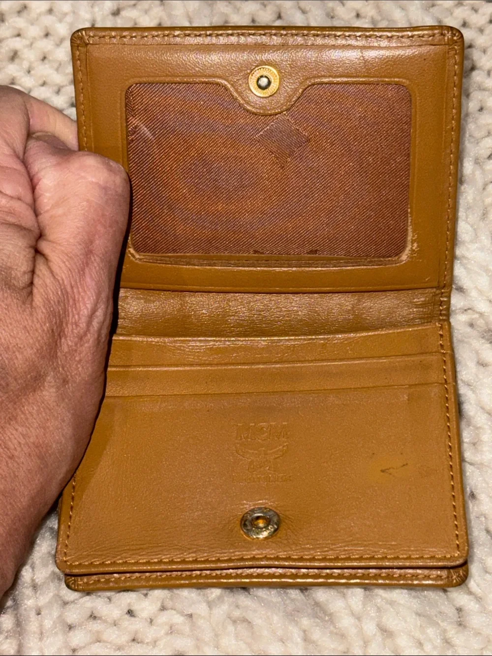 MCM Cognac Small Leather Wallet with Pink and Navy Stripe